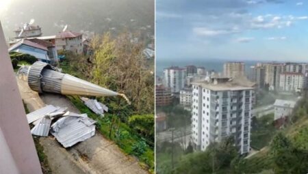 Rize’de fırtına: Minare devrildi, çatı uçtu